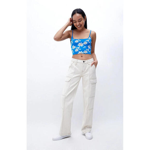 Pacsun Basic Floral Back Tie Tank Top Size S Blue Cropped Knitted Fitted Casual - Picture 1 of 6